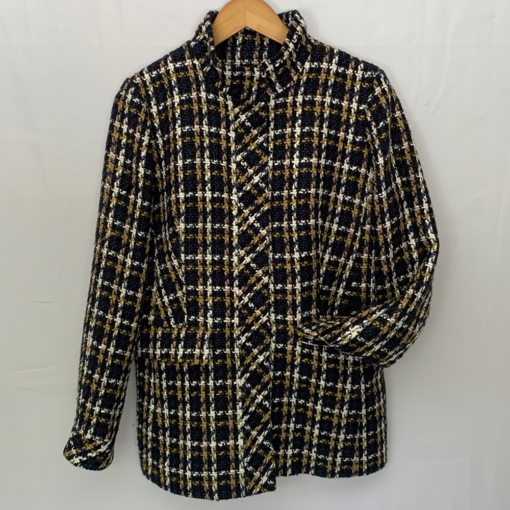 Ann Taylor Tweed Boucle High Neck Wool Blend Plaid Car Coat Size 6